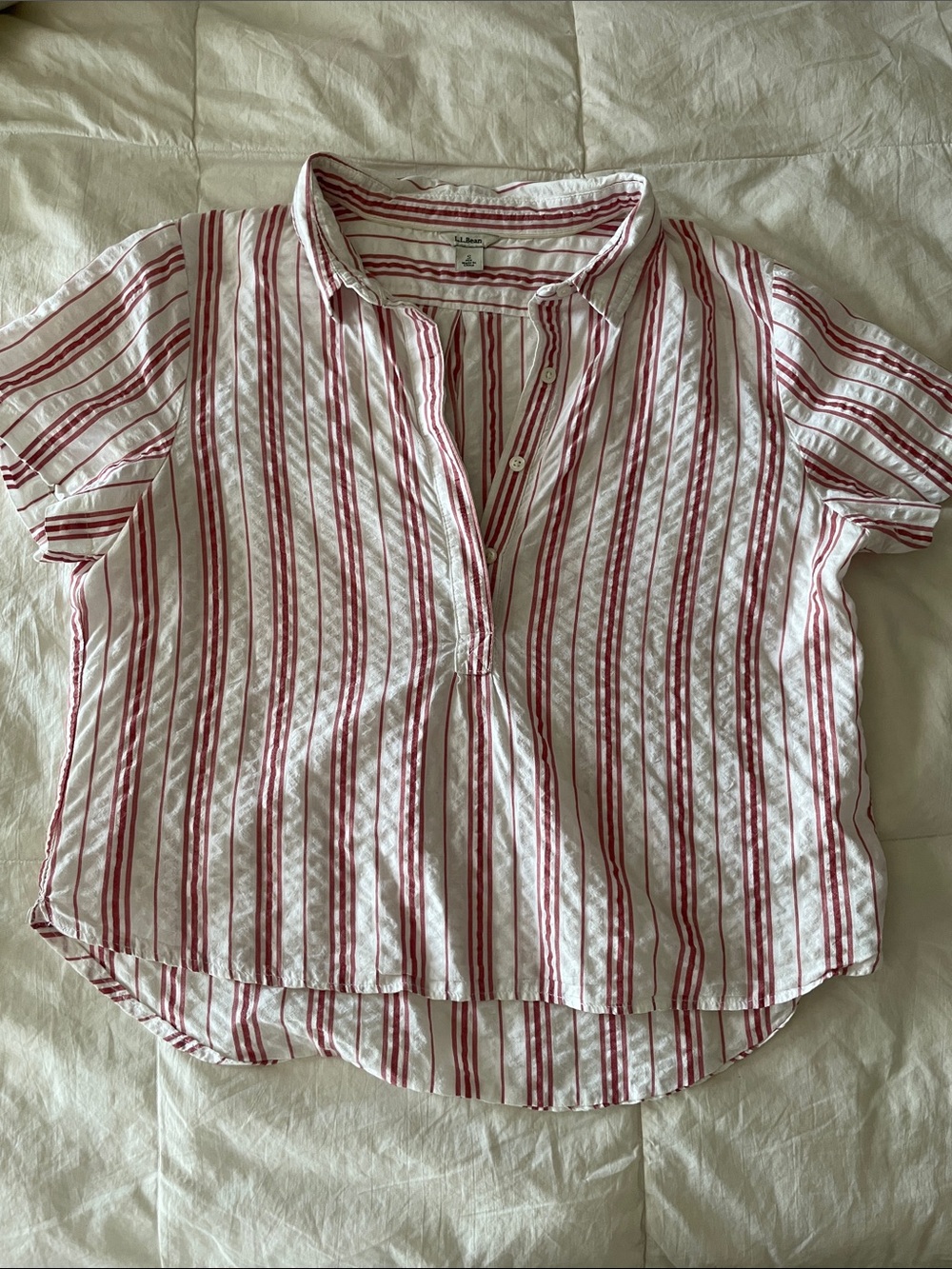 L.L. Bean White Short-Sleeve Button-Down with Red Stripes